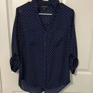 Blue and White 3/4 Sleeve Notched Collar Button Down Shirt